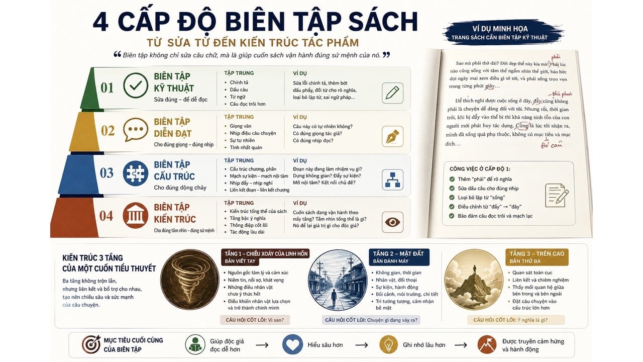 4 CẤP ĐỘ BIÊN TẬP SÁCH: TỪ SỬA TỪ ĐẾN KIẾN TRÚC TÁC PHẨM