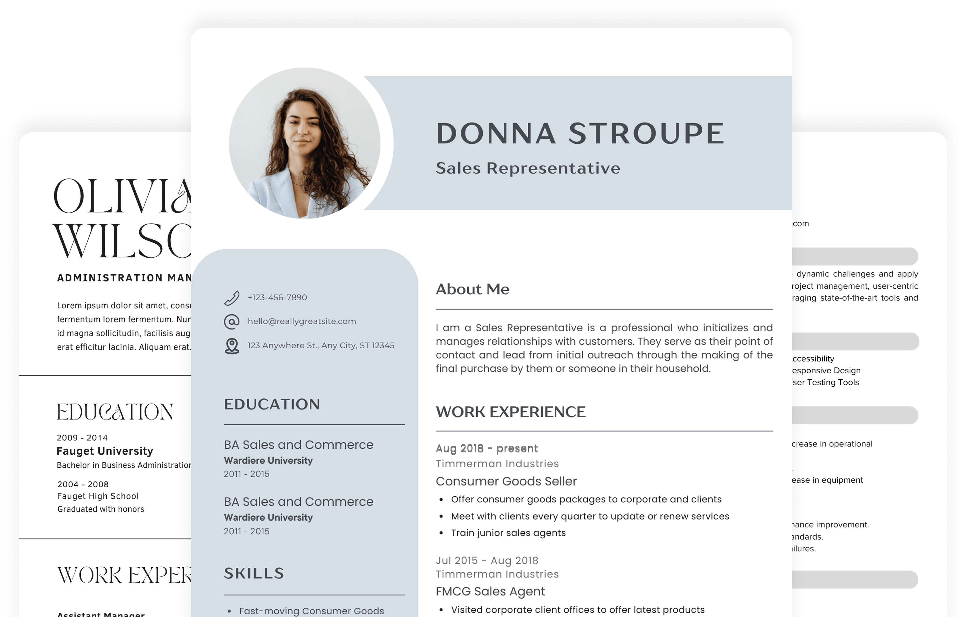 Three premium resume templates fanned out on a dark background