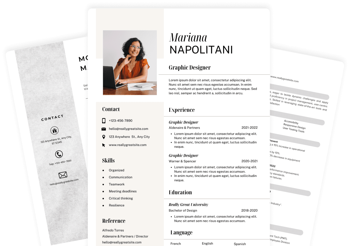 Three premium resume templates fanned out on a dark background
