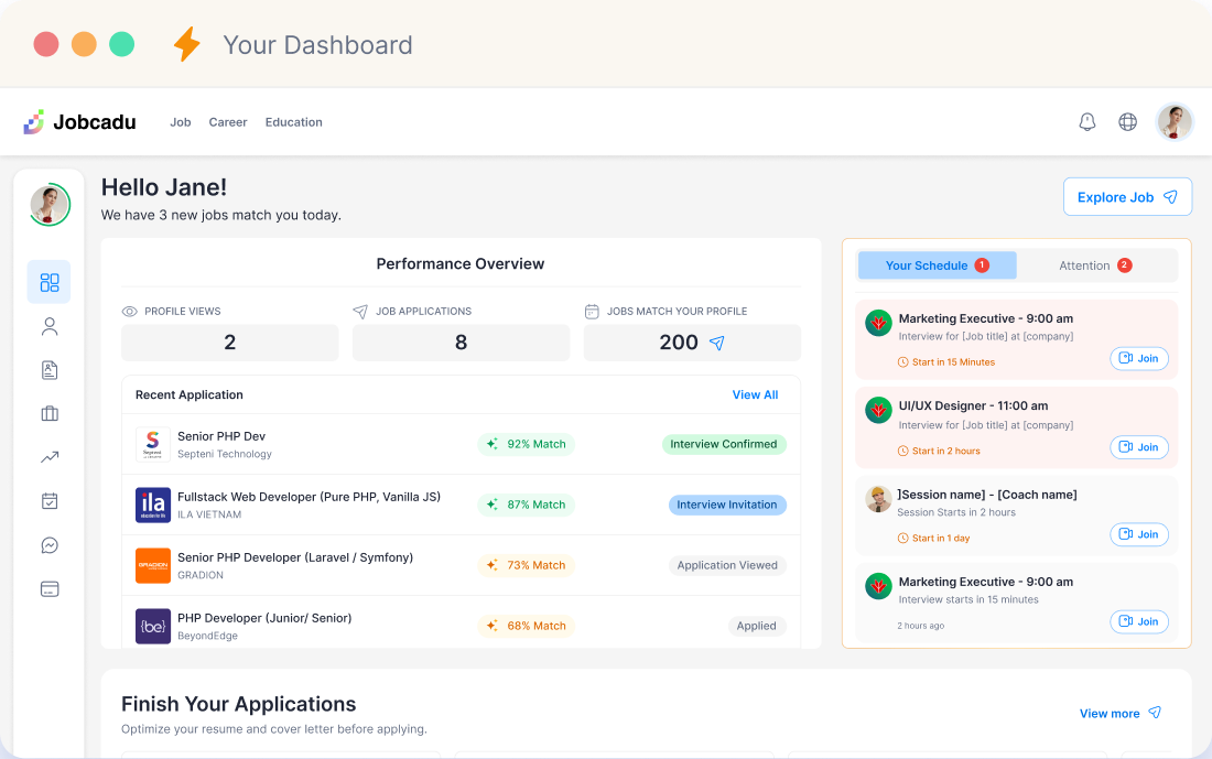 Jobcadu dashboard with recent applications, schedule and performance overview