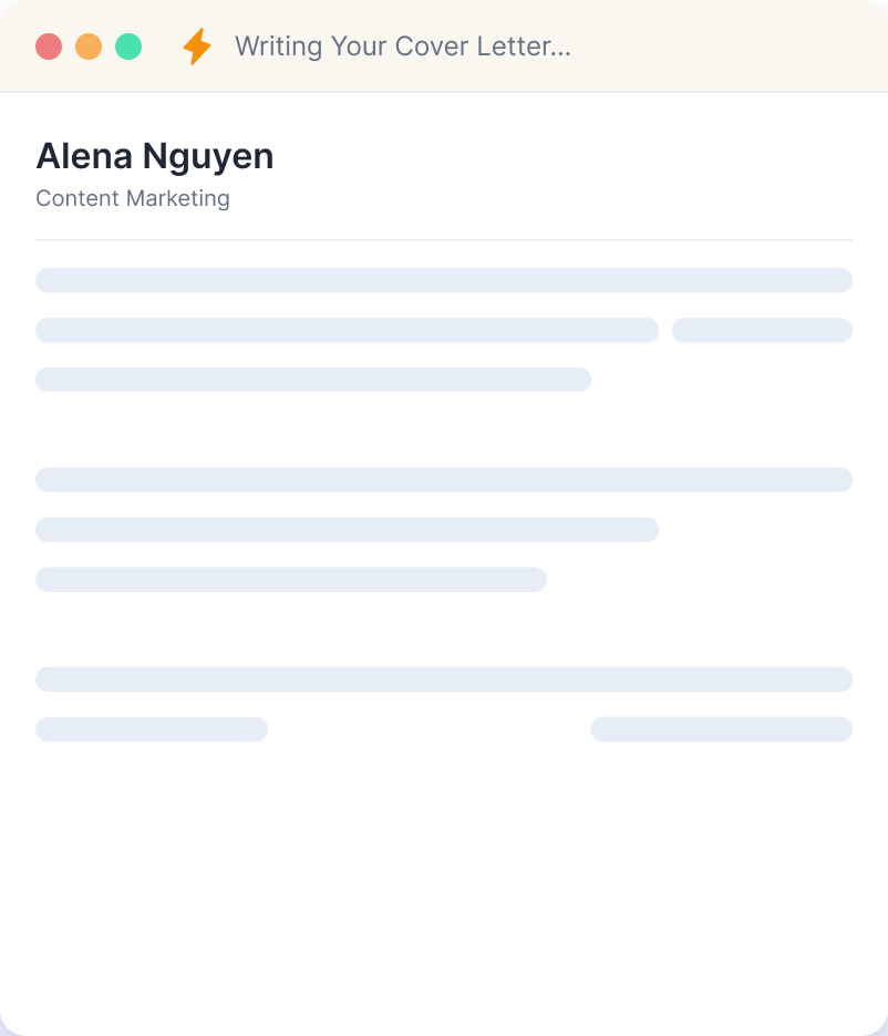 Cover letter being written for Alena Nguyen, Content Marketing