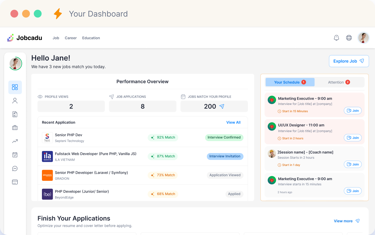 Jobcadu dashboard with recent applications and schedule