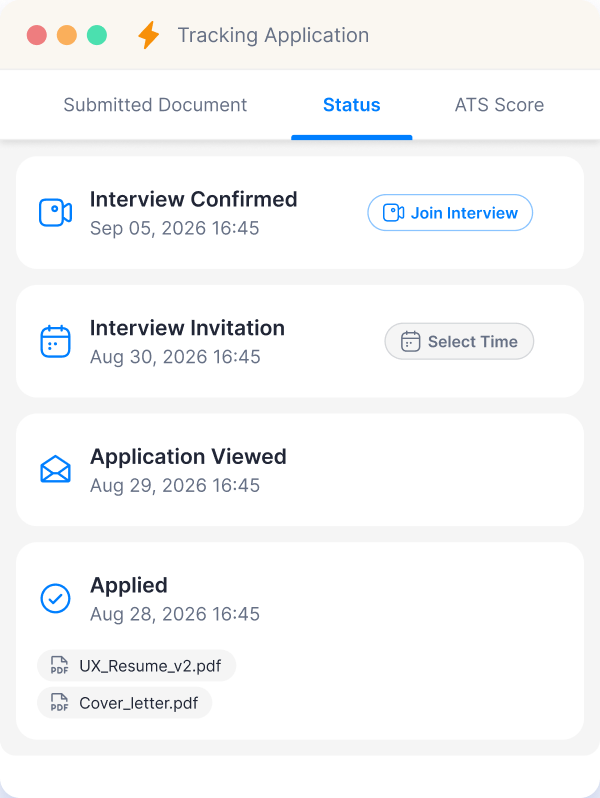 Tracking application panel with interview status and submitted documents