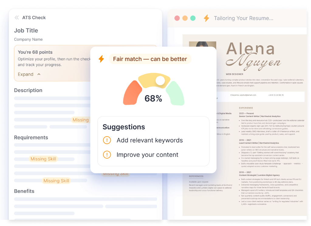 AI resume optimizer showing an ATS check, a 68% match score and suggestions