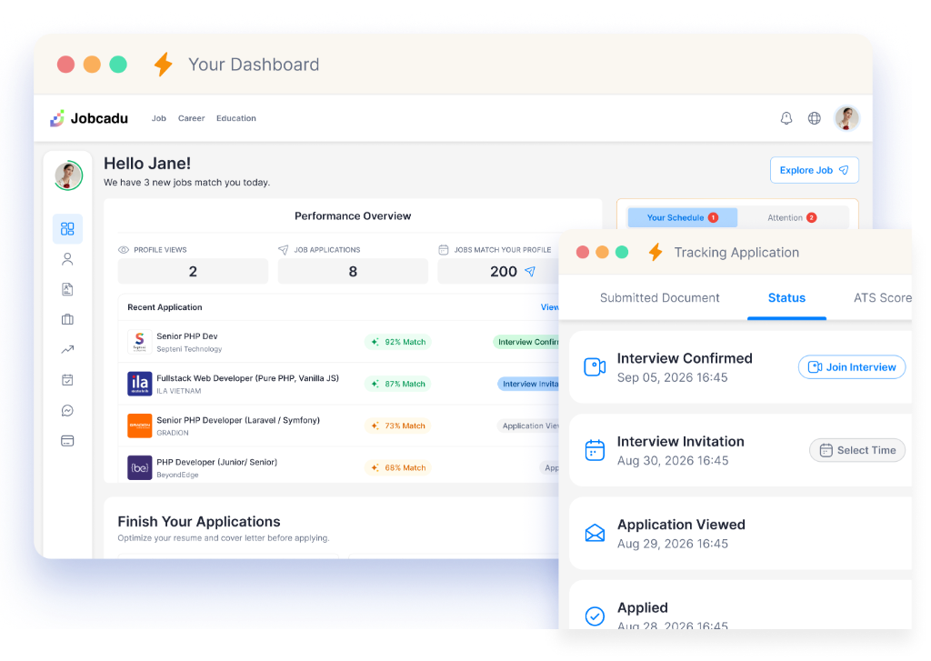 Application tracker dashboard showing job applications and interview status